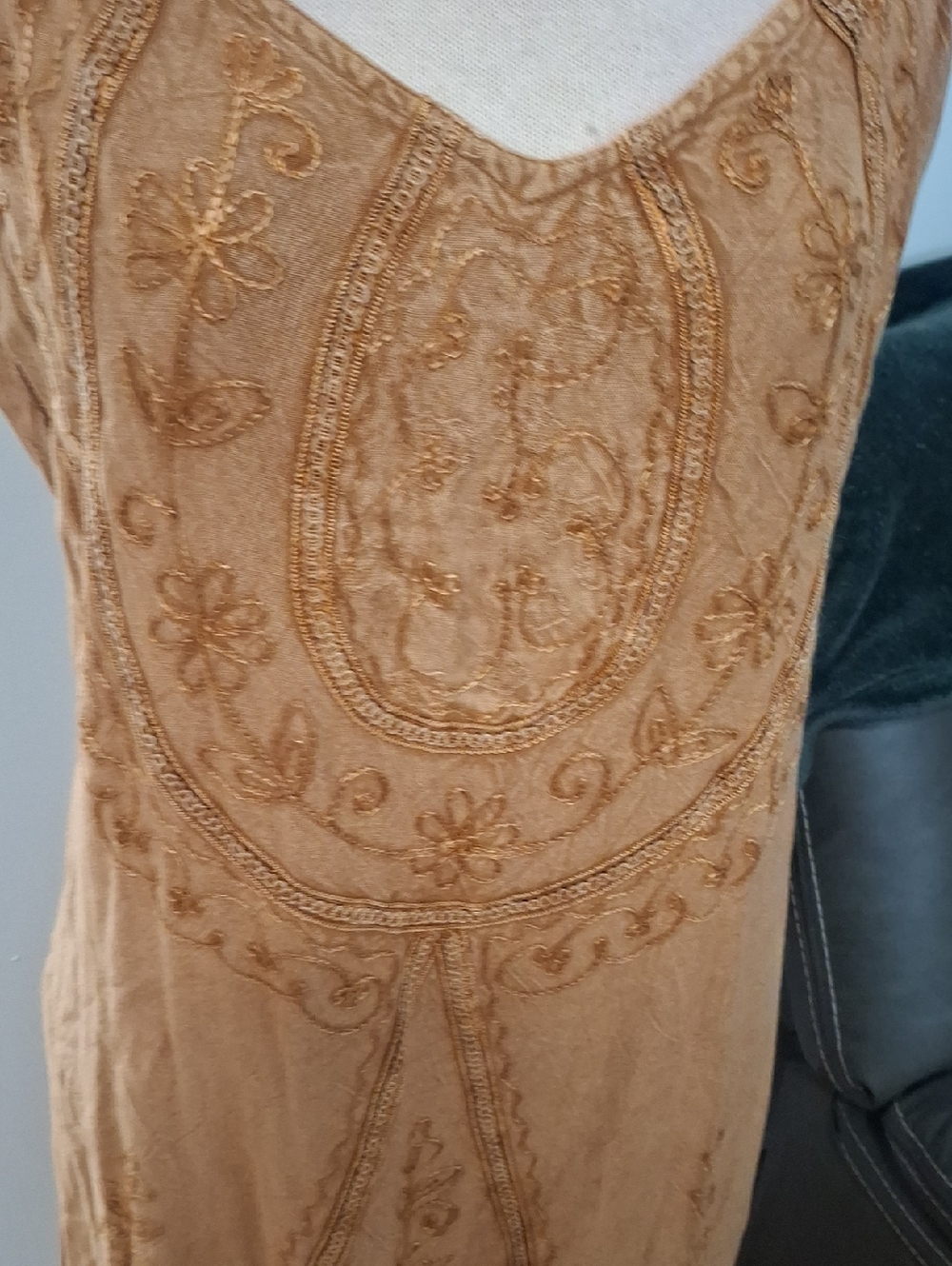 Earthbound-Embroidered Tan Spaghetti-Strap Dress- W Sz XL - Picture 2 of 11